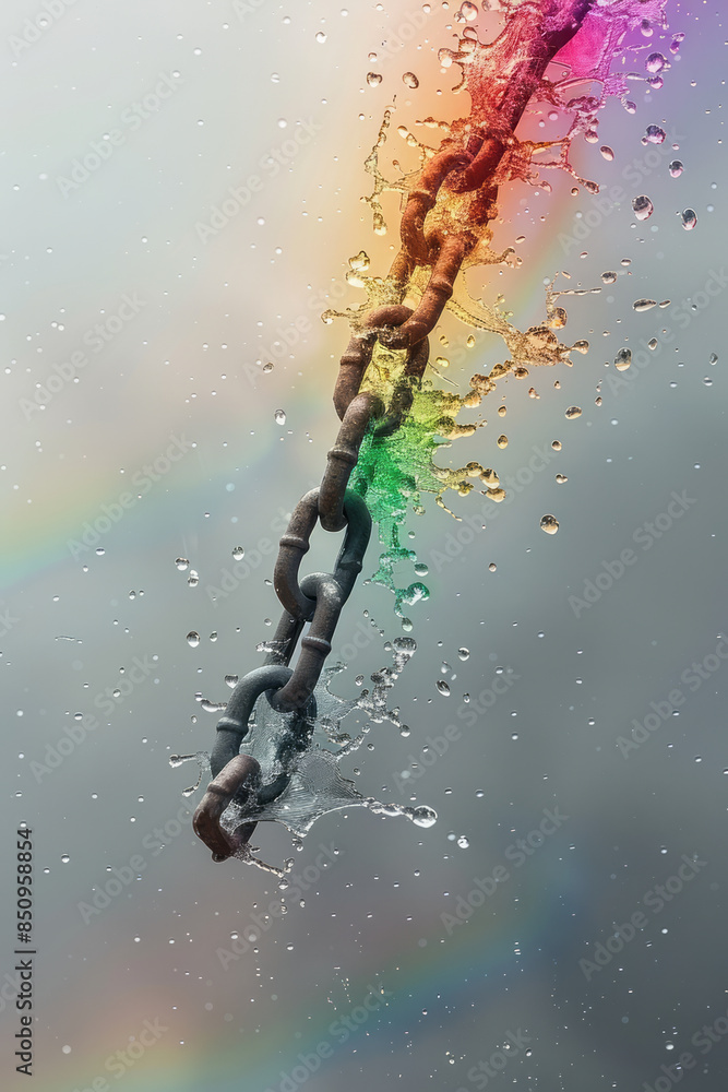 Poster artistic rendering of chains breaking and forming into a rainbow, arcing across a grey sky,