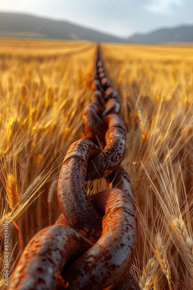 Poster image of chains morphing into a field of wheat, swaying under a clear sky,