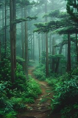 Obraz premium A dense forest with towering trees, a narrow path winding through the woods. Mist rising from behind the trees, creating an ethereal atmosphere. The green leaves of various 
