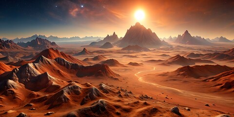 A Beautiful Landscape Of A Red Planet With Mountains And A Bright Sun.
