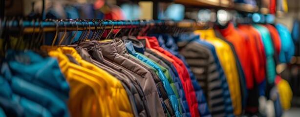 Obraz premium winter shopping concept, many color jacket on rack at shop 