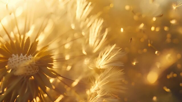 A dandelion seed head dispersing its seeds in the sunlight, with the golden rays illuminating the delicate structures,