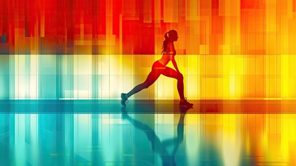 Silhouette of a woman stretching against a vibrant, colorful abstract background, embodying fitness and modern art.