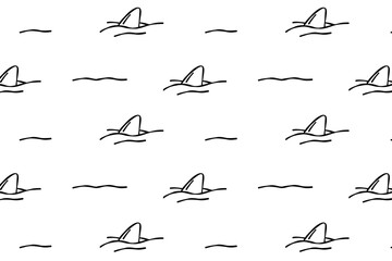 Fin shark dolphin whale, sea ocean doodle vector seamless pattern isolated wallpaper background white.