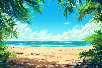 Tropical Beach View Through Lush Foliage