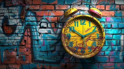 Naklejka premium Vibrant Graffiti Wall with Vintage Colorful Clock