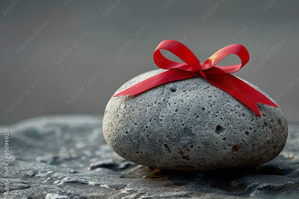 Poster simple image of a red ribbon resting on a smooth pebble, set against a neutral backdrop,