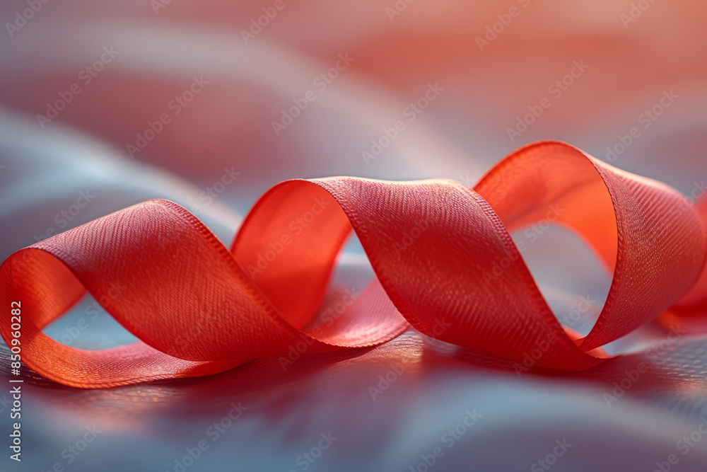 Poster simple depiction of a red ribbon forming a delicate loop, set on a soft pastel surface,