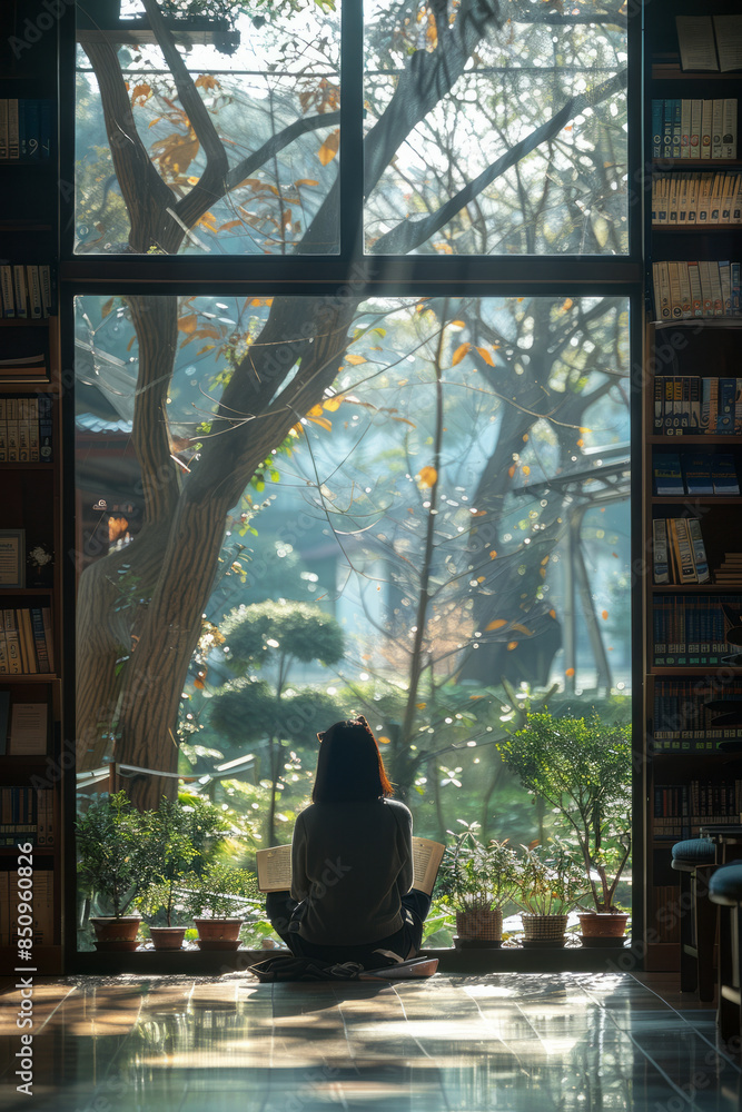 Poster elegant shot of a person reading by a large window in a minimalist library, with soft natural light 