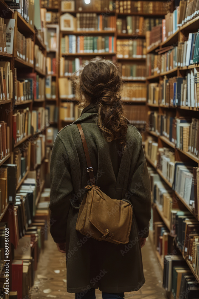 Poster elegant photo of a reader walking through a library aisle, surrounded by rows of neatly arranged boo