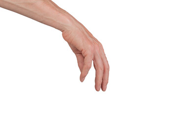 Hand gesture hanging fingers isolated arm dangling. Sign reaching skin empty stretch position delicate interaction wrist. Loose neutral view open take relaxed. Communication, transparent cutout PNG