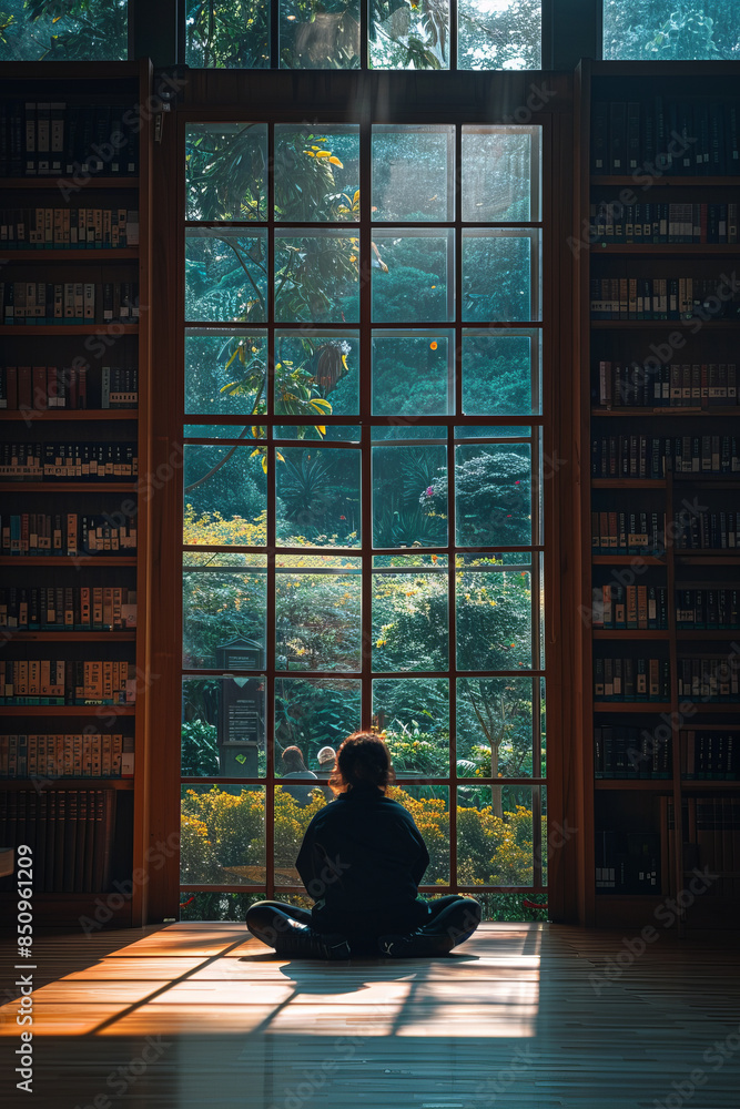 Poster minimalist image of a reader's silhouette against a large, bright window in a quiet library space.