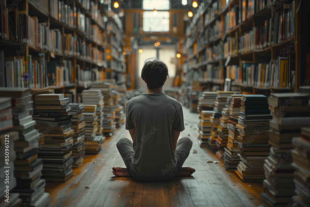 Poster simple shot of a reader sitting cross-legged on the floor, surrounded by neatly stacked books,