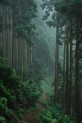 Naklejka premium A dense forest with towering trees, a narrow path winding through the woods. Mist rising from behind the trees, creating an ethereal atmosphere. The green leaves of various 