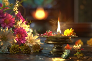 A lit candle surrounded by flowers on a table