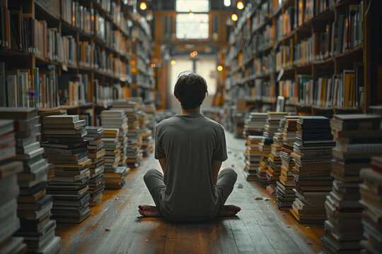 Simple shot of a reader sitting cross-legged on the floor, surrounded by neatly stacked books,