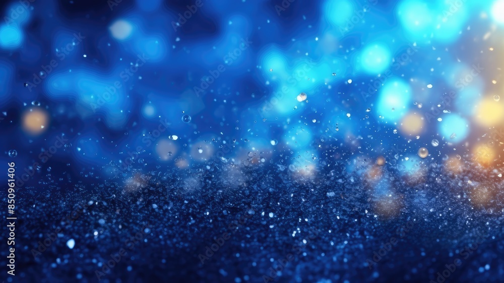 Poster abstract digital artwork of dynamic blue particles with glowing elements and dark background. shiny 