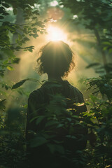 Fototapeta premium Minimalist aesthetic of a person standing in a sunlit forest clearing, absorbing Vitamin D,