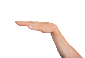 Hand gesturing with palm horizontal, fingers isolated on white. Measurement level measure sign, control human measuring skin. People person male man, thumb body part straight., transparent cutout PNG