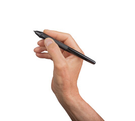 Hand holding stylus pen, signature sign. Business isolated digital graphic using screen. Note...