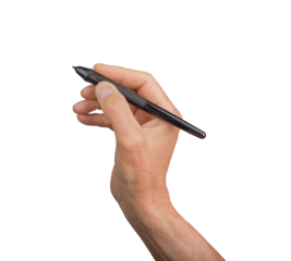 Hand holding stylus pen, signature sign. Business isolated digital graphic using screen. Note device take note record drawing white finger invisible. Virtual pov artist thumb, transparent cutout PNG