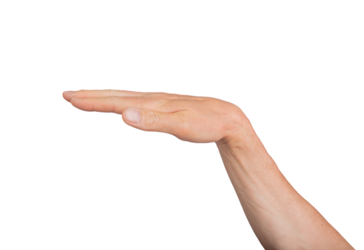 Hand gesturing with palm horizontal, fingers isolated on white. Measurement level measure sign, control human measuring skin. People person male man, thumb body part straight., transparent cutout PNG