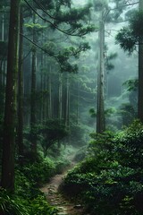 Fototapeta premium A dense forest with towering trees, a narrow path winding through the woods. Mist rising from behind the trees, creating an ethereal atmosphere. The green leaves of various 