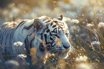 A majestic white tiger walks through a field of tall grass, its fur blending with the surroundings