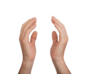 Hand holding to protect and save, isolated female insurance. Open cover for care, product for woman, up wrist gesture. Support pose with palm, white background, protection and, transparent cutout PNG