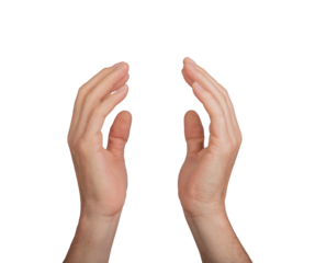 Hand holding to protect and save, isolated female insurance. Open cover for care, product for woman, up wrist gesture. Support pose with palm, white background, protection and, transparent cutout PNG