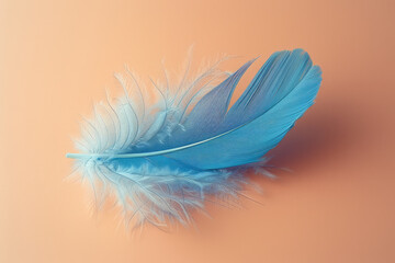 Minimalist aesthetic of a cyan feather floating in the air against a soft, neutral background,