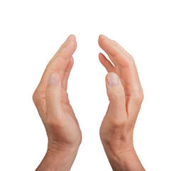 Hand holding to protect and save, isolated for insurance. Open cover and care for protection,...