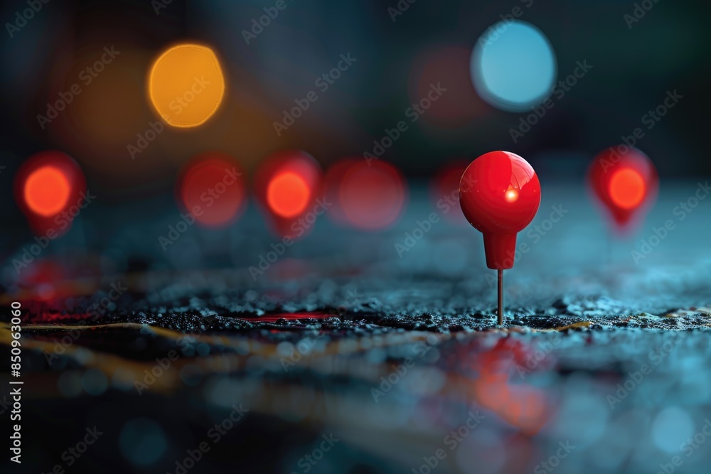 Poster a cluster of red pins sits atop a road, providing a visual indicator for navigation or identificatio