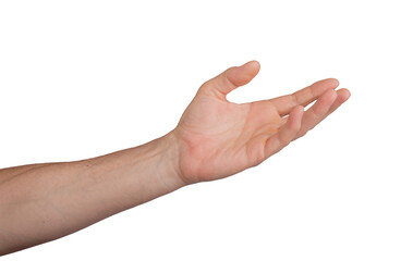 Hand palm open stretching reach outstretched. Empty give hold white gesture isolated. Help...
