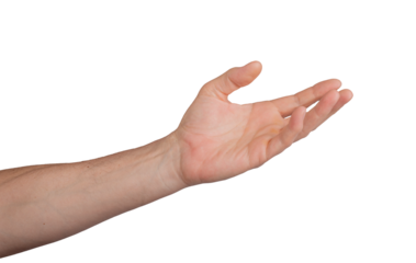 Hand palm open stretching reach outstretched. Empty give hold white gesture isolated. Help background, male body person people human concept. Man mature expressing expression, transparent cutout PNG