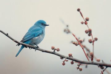 Fototapeta premium Minimalist aesthetic of a cyan bird perched on a neutral-colored branch,