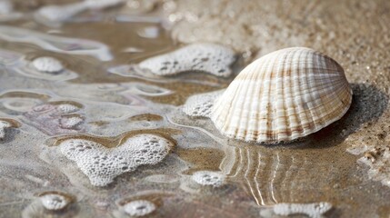 Small white seashell with a hole in wet sandy background