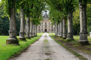 A peaceful pathway lined with tall trees leading to a magnificent castle with a rich history, set against a clean white background.