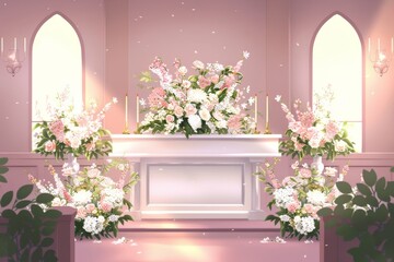 Fototapeta premium A beautifully decorated altar, adorned with fresh flowers, creating an elegant ambiance for a joyful celebration.