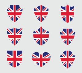 shields icon set with british flag isolated on white background. British Flag in Different shield shapes