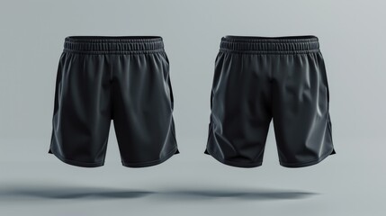 A pair of black shorts with no top or legs, photographed on a neutral gray background