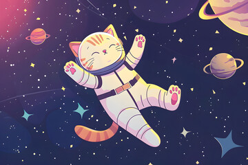 cartoon animals in space, cat in spacesuit levitates in space