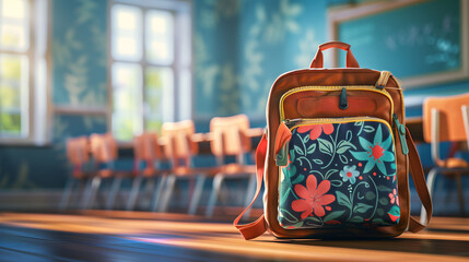 Photorealistic image school backpack on background of classroom and blackboard, education concept 