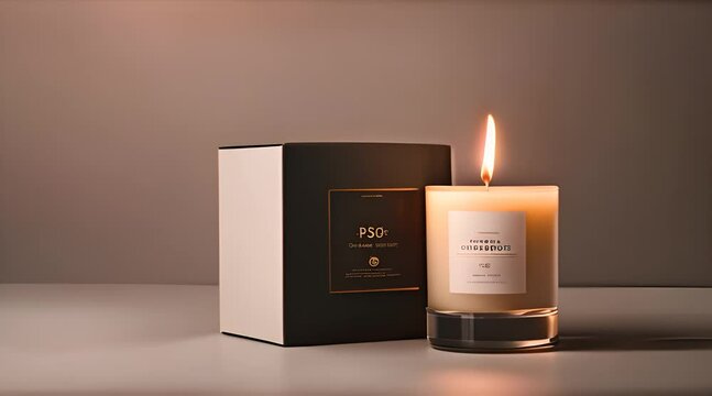 Realistic 3D vector mockup of a scented candle in a glass jar in an open packaging box, front view. The design offers an ideal template for advertising aromatherapy products