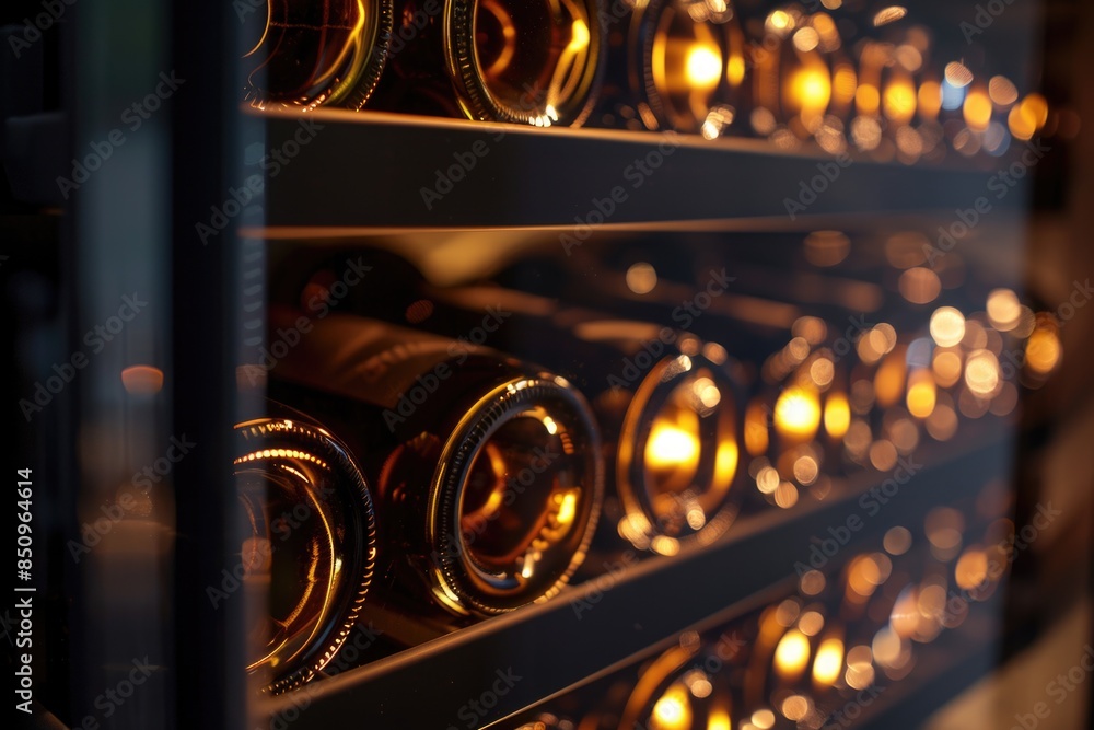 Poster a collection of wine bottles displayed on a wooden shelf, suitable for use in interior design or foo