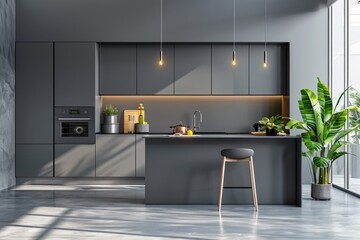 A kitchen with a counter and stools next to a window, perfect for breakfast or snack