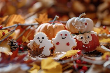 Obraz premium A pile of fall leaves with decorated cookies sitting on top, perfect for autumn or Halloween themed images