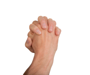Hands intertwined, fingers clasped in prayer unity gesture. Entwined close up, white background. Together worship faith spirituality devotion. Harmony belief meditation peace, transparent cutout PNG