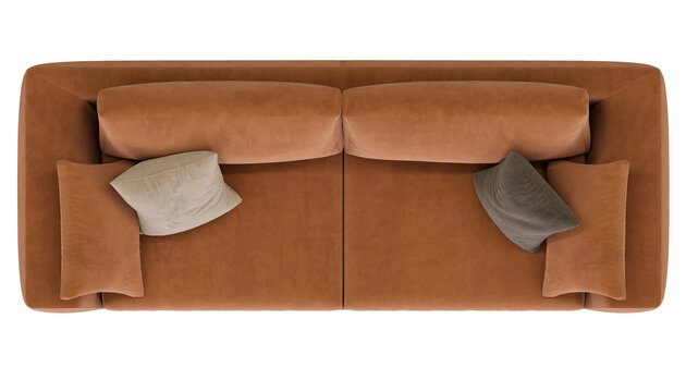 top view of brown fabric sofa, isolated on transparent background