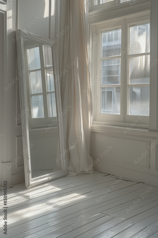 Poster minimalist aesthetic image of a funhouse mirror distorting a simple room with clean lines,